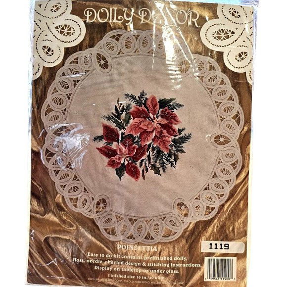 Willmaur Crafts Cross Stitch Poinsettia Doily Battenburg Lace edged #14 aida - Picture 7 of 10